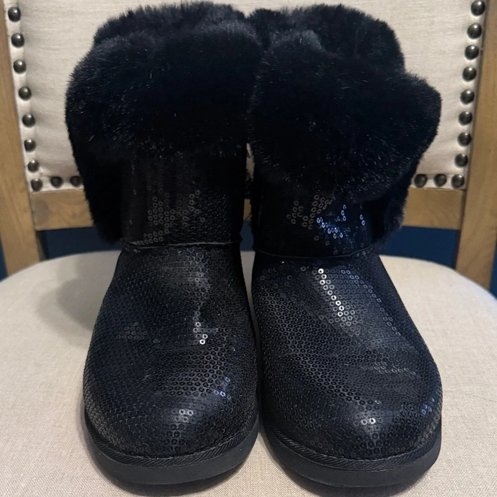 Juicy Couture Black Sequin Boots with Faux Fur Trim, Size 10
